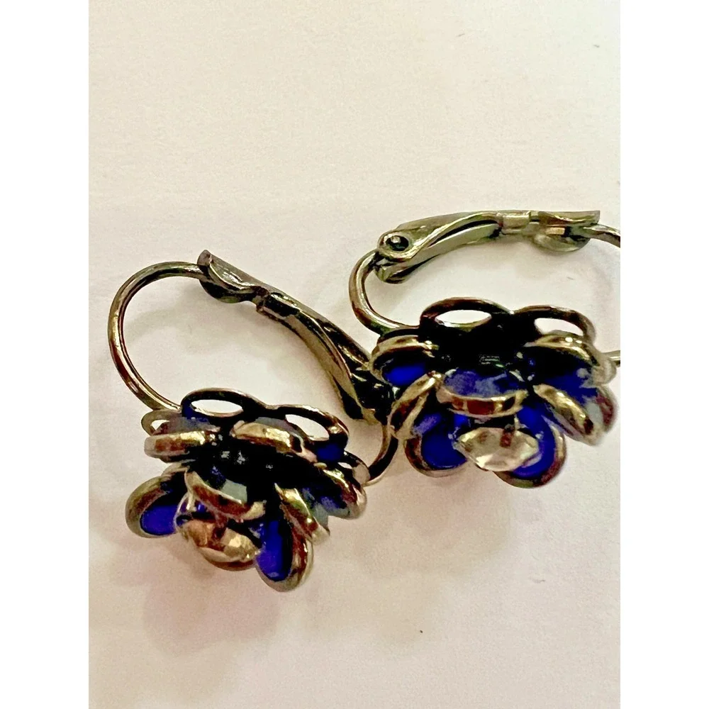 Vintage Cobalt Blue Glass‎ Floral Clip On Earrings Art Deco Rhinestone Flower